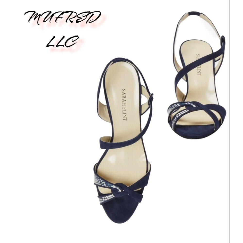 SARAH FLINT FAYE NAVY BLUE SUEDE AND SNAKESKIN SANDALS EU Size 42/US Size 11.5